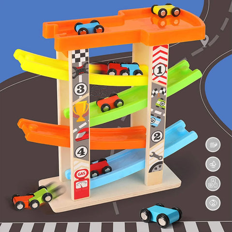 Wooden Car Ramps Race, 4 Level Toy Car Ramp Race Track Includes 4 Wooden Toy Cars