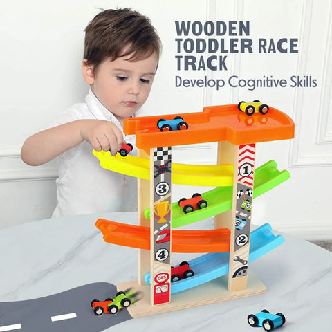 Wooden Car Ramps Race, 4 Level Toy Car Ramp Race Track Includes 4 Wooden Toy Cars