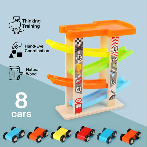 Wooden Car Ramps Race, 4 Level Toy Car Ramp Race Track Includes 4 Wooden Toy Cars