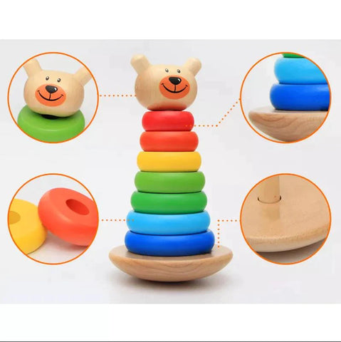 Stacking Rings Toy Wooden Rainbow Stacker Toddler Learning Toys