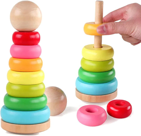 Stacking Rings Toy Wooden Rainbow Stacker Toddler Learning Toys