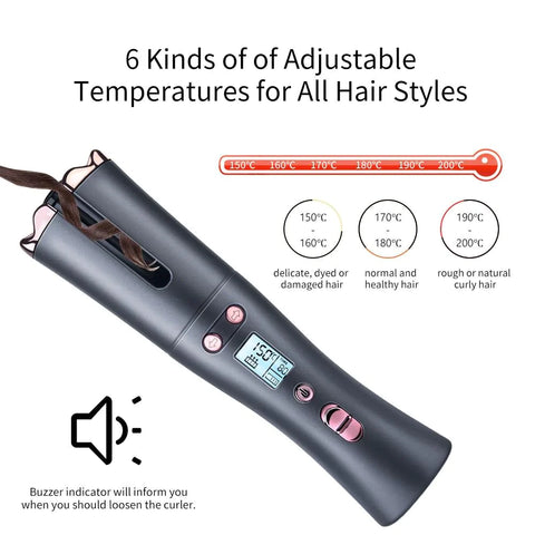 Cordless Hair Curler, Automatic Curling Iron with 6 Adjustable Temperature