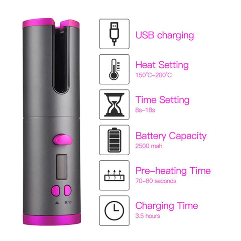 Cordless Hair Curler, Automatic Curling Iron with 6 Adjustable Temperature