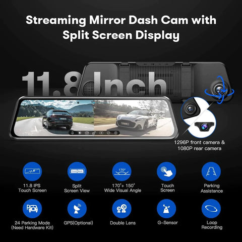 Dual Dash Cam Full Screen RearView Dashboard Camera with Full Touch Screen