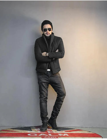 Men Winter Jacket Fashion Black Cotton Collar Coat