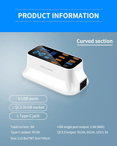 Multiple USB Charger 8 in 1 Port with LCD Display For Smartphone