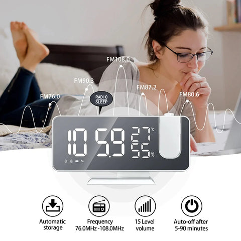 LED Digital Smart Alarm Clock Watch Projection Time With FM Radio