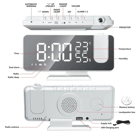 LED Digital Smart Alarm Clock Watch Projection Time With FM Radio