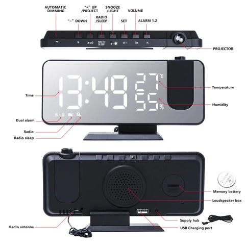 LED Digital Smart Alarm Clock Watch Projection Time With FM Radio