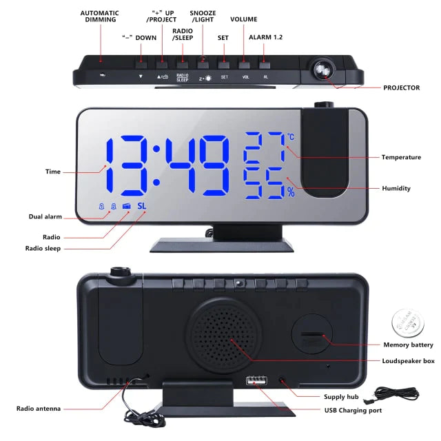 LED Digital Smart Alarm Clock Watch Projection Time With FM Radio