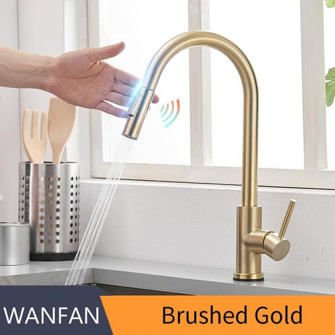 Single-Handle Touch Kitchen Sink Faucet with Pull Down Sprayer Touch Inductive Sensitive Faucet Mixer shower head EvoFine Brushed Gold 