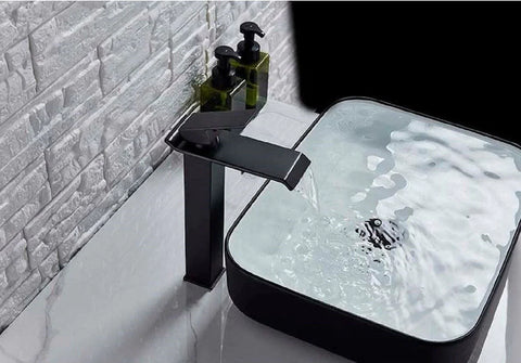 Waterfall Bathroom Vessel Basin Sink Faucet Single Handle Matte Black Tap